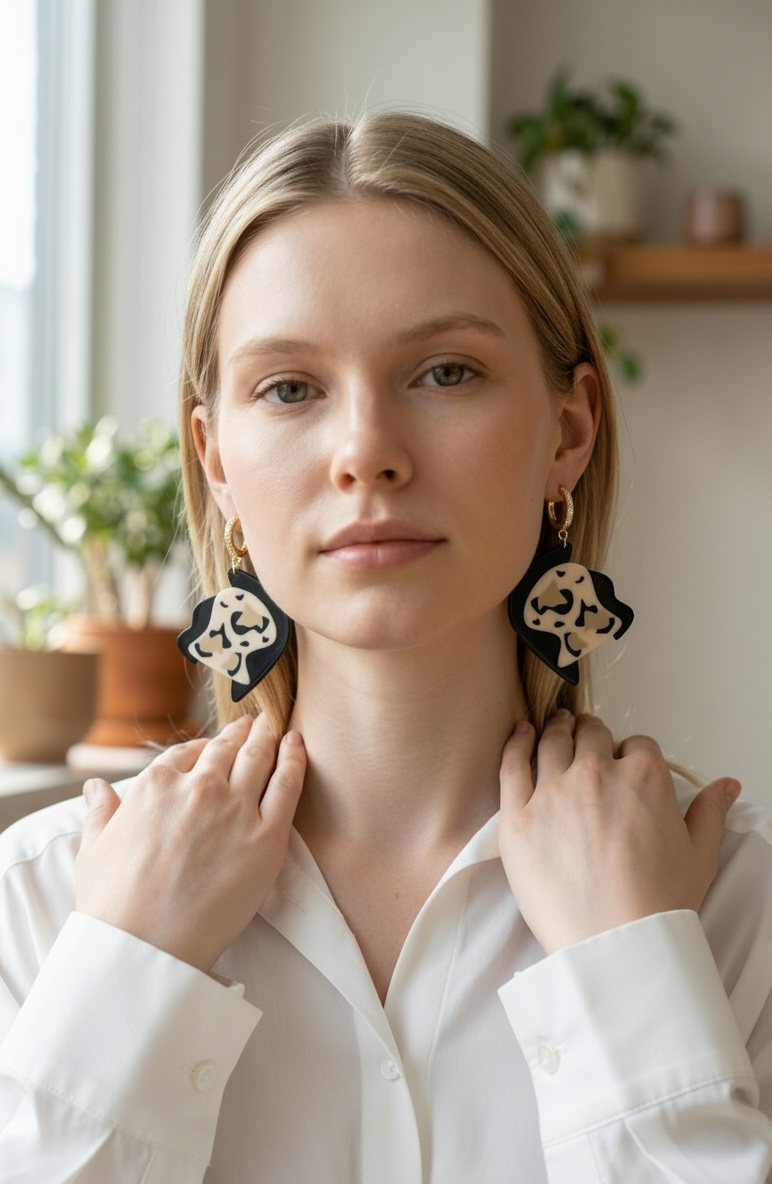 RISITEC - Timeless By Design Bloom Drop Ohrringe mit 24K vergoldeten Zirkonia-Creolen und organischem Dalmatiner-Muster