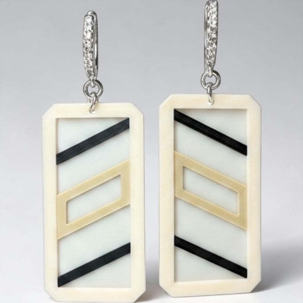 RISITEC - Timeless By Design geometrische Ohrringe in Creme, Schwarz und Beige mit Zirkonia-Creolen aus Feinsilber.