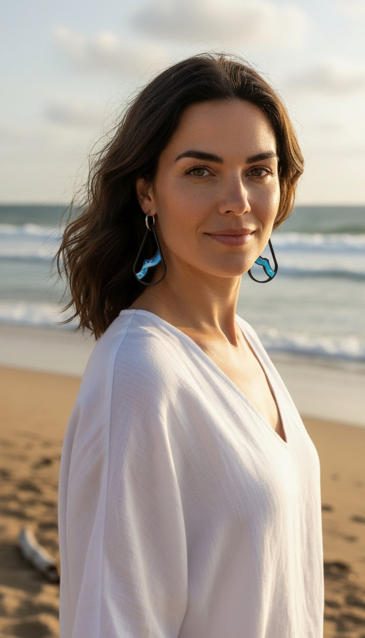 RISITEC - Timeless By Design Ocean Line Ohrringe mit blauem Metallic-Resin an einer Frau am Strand